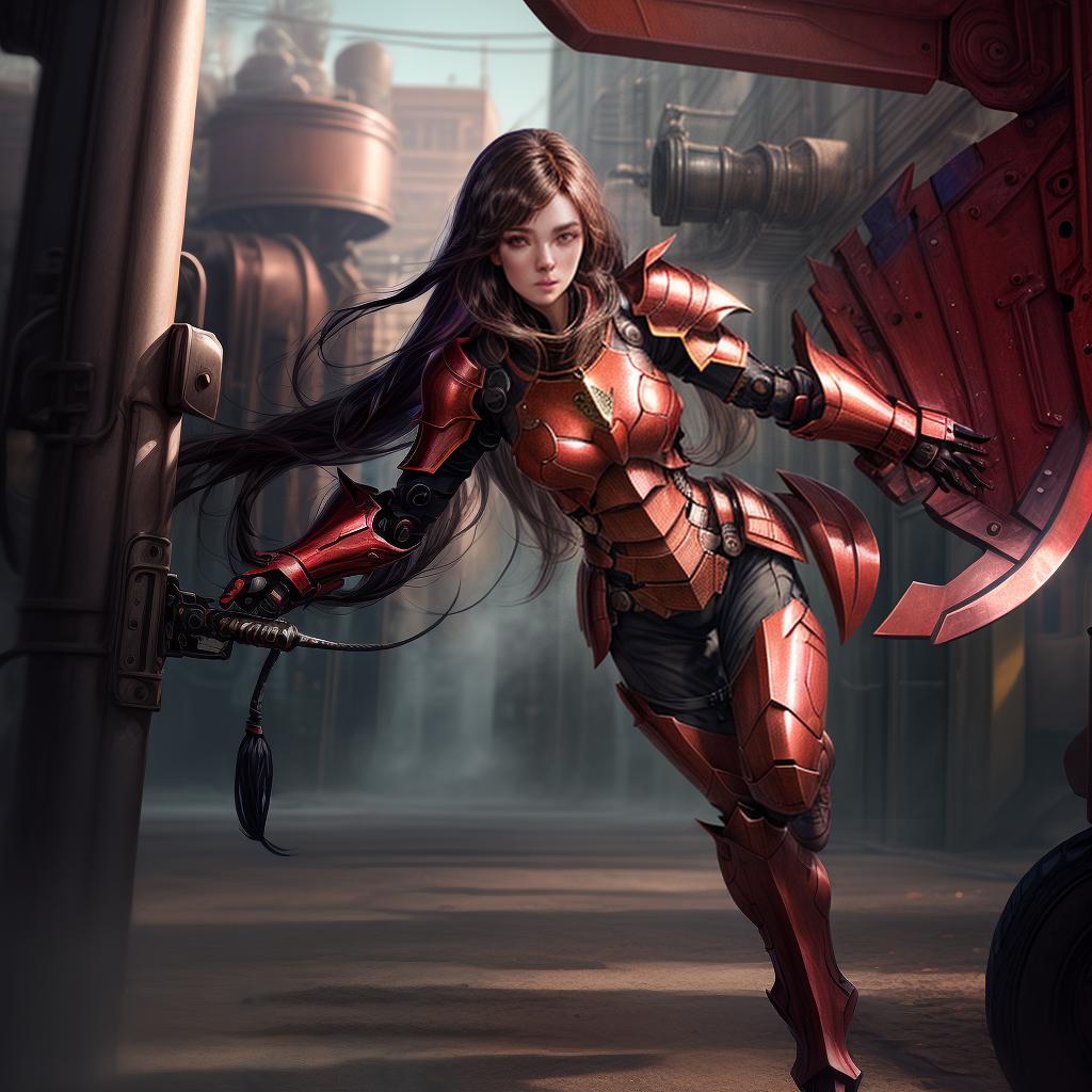  ((dynamic pose of girl with long hair, Red  mechanical body, Red body armor )), mixing textures and colors, synthwave, futuristic vibes, vaporwave colour,8D, 8K, realistic, fantasy, impression, sense of movement and energy, fashionable, cool, outdoor photography, sharp aperture hyperrealistic, full body, detailed clothing, highly detailed, cinematic lighting, stunningly beautiful, intricate, sharp focus, f/1. 8, 85mm, (centered image composition), (professionally color graded), ((bright soft diffused light)), volumetric fog, trending on instagram, trending on tumblr, HDR 4K, 8K