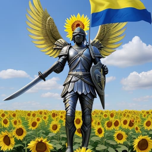  A masculine portrait of Archangel St. Michael dressed as a warrior holding a sword in right hand and shield in left hand. His right foot is crushing the neck of Lucifer. Ukraine flag is waving in a beautiful blue sky with sunflowers growing from the ground