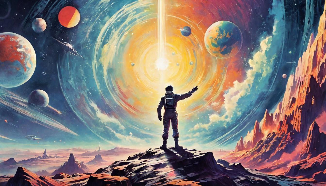  retro futuristic A person with their arms raised, standing between the earth and a cosmic energy stream, active engagement with the universe, awareness, daily impact lvintage sci fi, 50s and 60s style, atomic age, vibrant, highly detailed