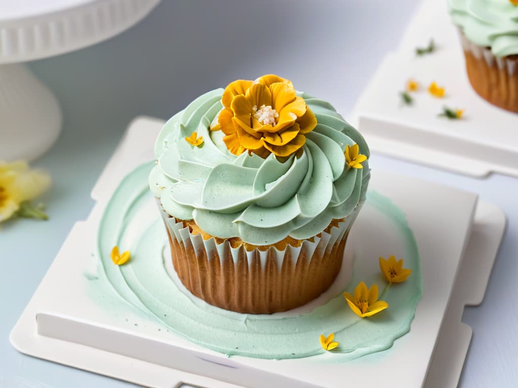  A closeup, ultradetailed image of a delicate, intricately designed glutenfree cupcake on a simple, elegant white plate. The cupcake is adorned with a perfectly piped swirl of pastelcolored frosting, delicate edible flowers, and a sprinkle of gold dust. The flawless texture of the cupcake is visible, showcasing the moist crumb and fine crumb structure typical of glutenfree baking. The image is captured with such clarity that each sugar crystal on the frosting and the subtle cracks on the cupcake's surface are rendered in stunning detail. The overall aesthetic is clean, sophisticated, and visually appealing, making it a perfect fit for a professional and inspiring article on glutenfree pastry events. hyperrealistic, full body, detailed clothing, highly detailed, cinematic lighting, stunningly beautiful, intricate, sharp focus, f/1. 8, 85mm, (centered image composition), (professionally color graded), ((bright soft diffused light)), volumetric fog, trending on instagram, trending on tumblr, HDR 4K, 8K