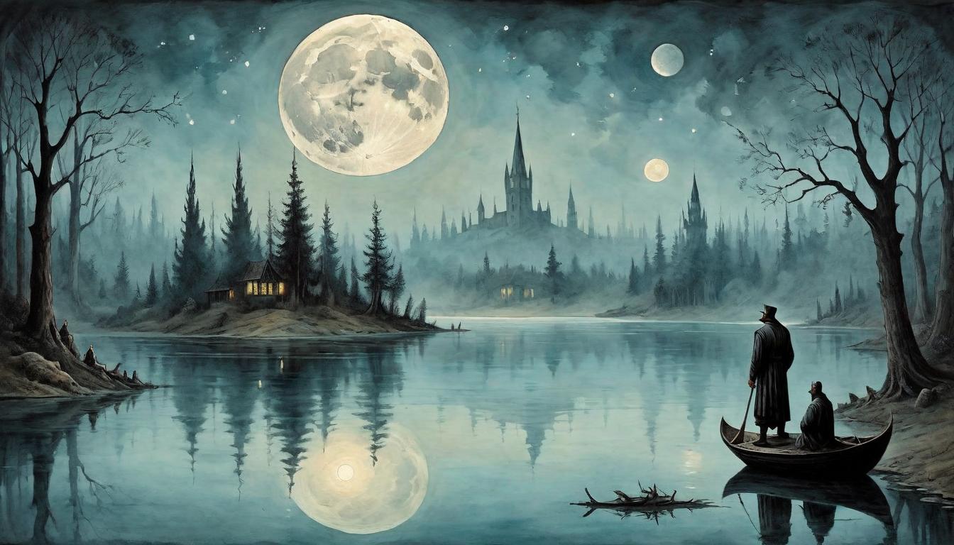  on parchment, surrealism+++, Giant, luminous moon reflecting on a still lake, surrounded by shadowy figures gazing into the water, reflection of unachieved dreams, silent contemplation(mysterious, provocative, symbolic,muted color)+++