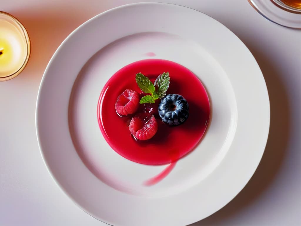  A closeup, highresolution image of a perfectly set Panna Cotta topped with a glossy, vibrant raspberry coulis. The dessert is elegantly presented on a sleek, white plate, emphasizing the creamy texture of the Panna Cotta and the rich, deep red color of the coulis. The lighting is soft, casting a gentle shadow beneath the dessert, enhancing its visual appeal. This minimalist image focuses on the beauty and simplicity of the dish, making it an enticing visual for the readers seeking to create a perfect Panna Cotta with raspberry coulis. hyperrealistic, full body, detailed clothing, highly detailed, cinematic lighting, stunningly beautiful, intricate, sharp focus, f/1. 8, 85mm, (centered image composition), (professionally color graded), ((bright soft diffused light)), volumetric fog, trending on instagram, trending on tumblr, HDR 4K, 8K