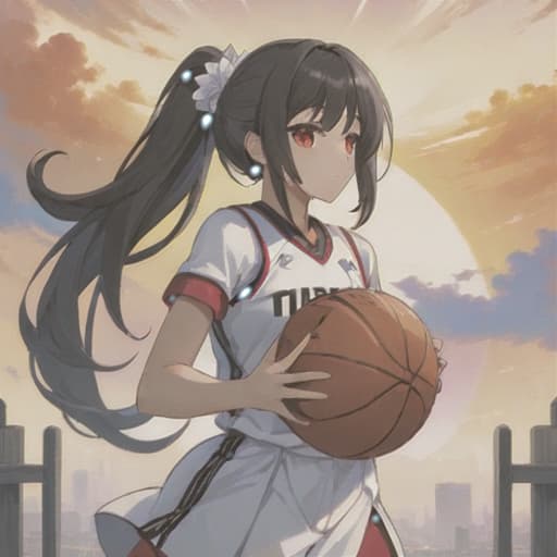  anime girl black hair bright dark brown eyes red and white basketball uniform with the number 18 and the name Nicky white and black shoes Have your hair in a medium high ponytail with two strands on the sides of your ears, have a basketball and look full body Pastel Palette, Da Vinci's Dreams, Picasso's , Sunrise Splendors, Floral Fantasy, Mystical Moonscapes, Urban Nature, Crystal Clear, Cinematic hyperrealistic, full body, detailed clothing, highly detailed, cinematic lighting, stunningly beautiful, intricate, sharp focus, f/1. 8, 85mm, (centered image composition), (professionally color graded), ((bright soft diffused light)), volumetric fog, trending on instagram, trending on tumblr, HDR 4K, 8K