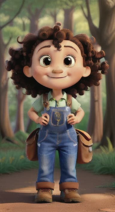  {The tree with a smiling face formed by its bark, looking down at Riley., Riley, a curious with big brown eyes and curly hair, wearing overalls and carrying a small backpack. Their friend, Skye, a bluebird with shiny feathers.