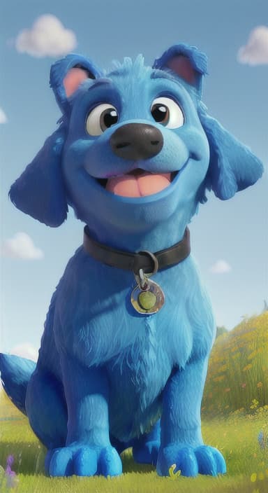  {A happy, big blue dog wagging its tail in a colorful meadow, The big blue dog is large with sky blue fur, big round eyes, a black nose, and floppy ears.