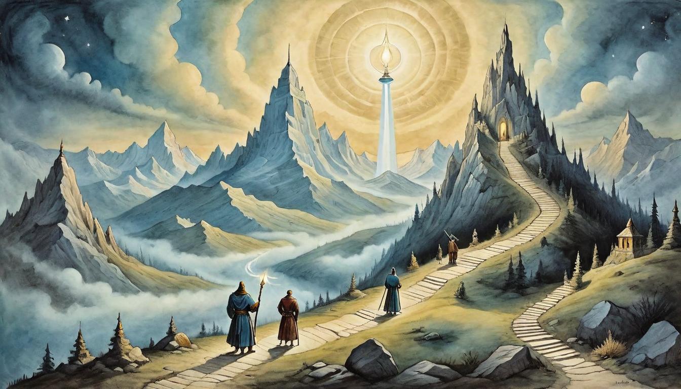  on parchment, surrealism+++, Beacon of light on a highest peak, figures ascending towards the light, guiding trail of luminous steps, determination, hope(mysterious, provocative, symbolic,muted color)+++