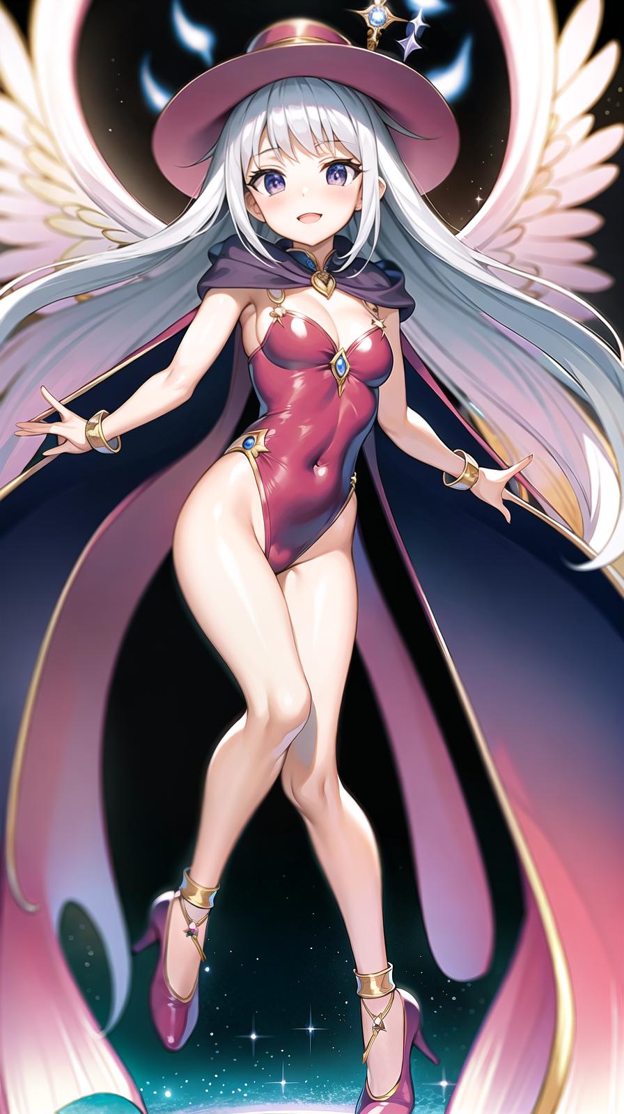  master piece , best quality,Magical hat, magical wand, jewelry, leotard, long cape, ribbons, angel rings, angel wings, long pink two side up hair, big s, costume in red, transformation, full body