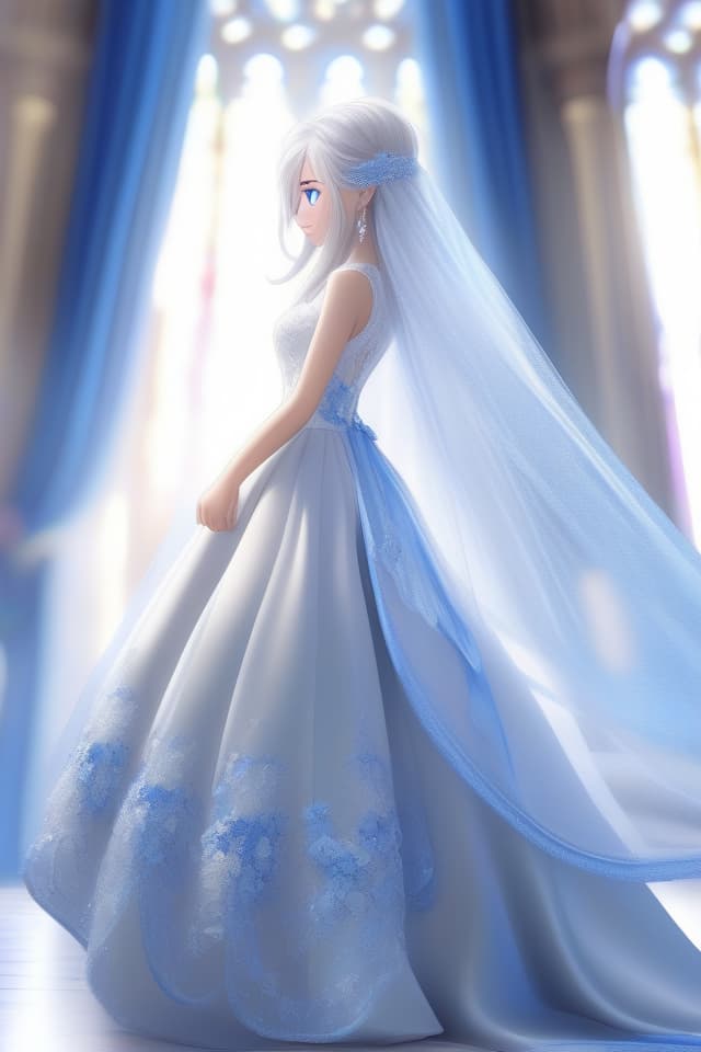  (Knee length wedding dress) (zoom up) (silver hair blue blue eyes) (cute illustration), (church) in Wedding Dress, Masterpiece, (Back View) (Face in Profile) (Beautiful Silver Hair) (Blue Eyes) Knee Length Dress with Blue Embroidery on White Fabric (Long Transparent Veil) High Quality, 8k