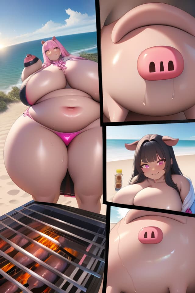  extremely obese girl、pink colored hair、((bright deep pink colored drooping pig's ears:1.4、ultra detailed plump & fat face sweaty smile:1.4、ultra detailed shiny dark skin girl:1.4))、(((on the beach:1.4、barbecue:1.4)))、(、eating a lot of barbecue)、dutch angle、best quality:1.4、masterpiece:1.4、ultra detailed texture、RAW photorealistic、absurd resolution、8K illustration、💩、💩、💩、💩、💩、💩、 hyperrealistic, full body, detailed clothing, highly detailed, cinematic lighting, stunningly beautiful, intricate, sharp focus, f/1. 8, 85mm, (centered image composition), (professionally color graded), ((bright soft diffused light)), volumetric fog, trending on instagram, trending on tumblr, HDR 4K, 8K