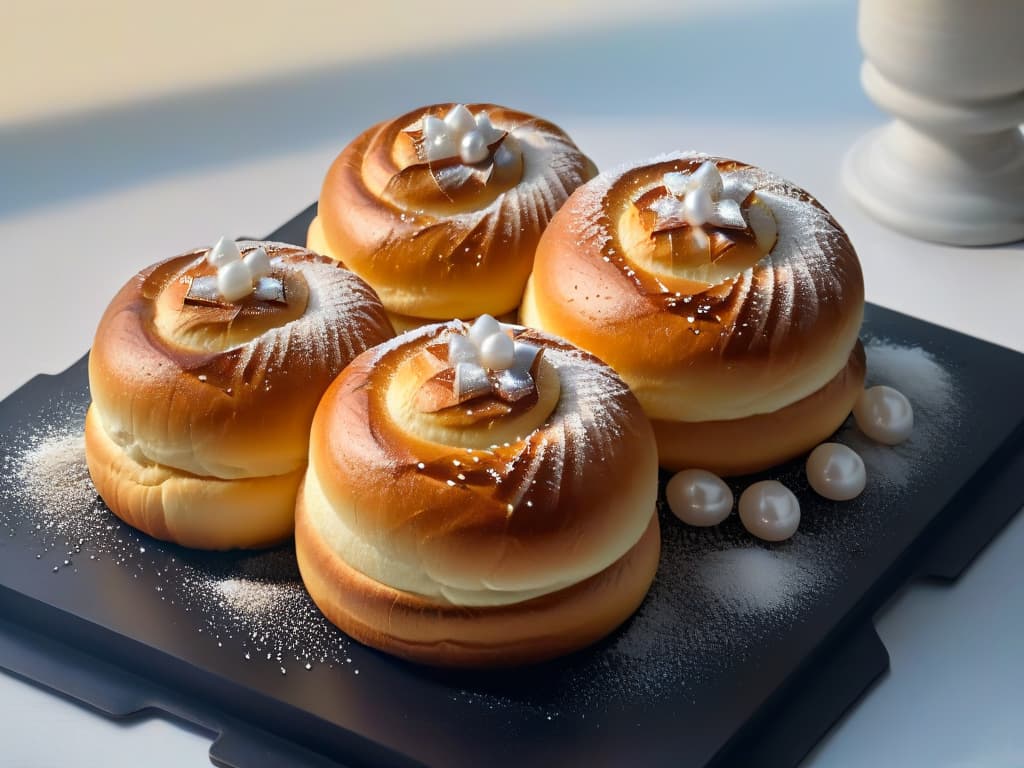  A closeup, ultradetailed image of freshly baked brioche buns, glistening with sugar pearls on top, placed on a sleek, modern black plate with a few scattered pearls around. The lighting is soft, highlighting the goldenbrown crust of the buns and the intricate details of the sugar pearls. Each pearl sparkles, reflecting the light subtly, creating a visually captivating and mouthwatering scene. hyperrealistic, full body, detailed clothing, highly detailed, cinematic lighting, stunningly beautiful, intricate, sharp focus, f/1. 8, 85mm, (centered image composition), (professionally color graded), ((bright soft diffused light)), volumetric fog, trending on instagram, trending on tumblr, HDR 4K, 8K