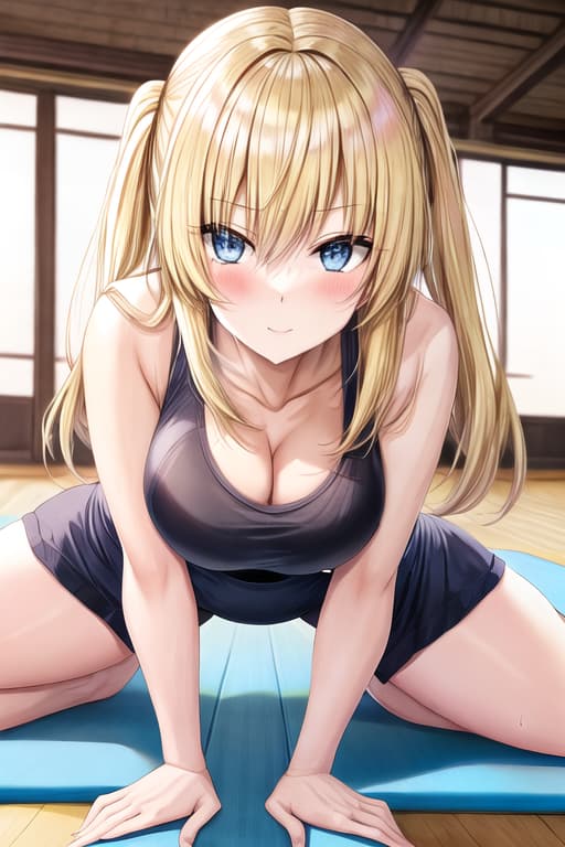  blue eyes,blond hair,asian,anime,on a yoga mat doing yoga