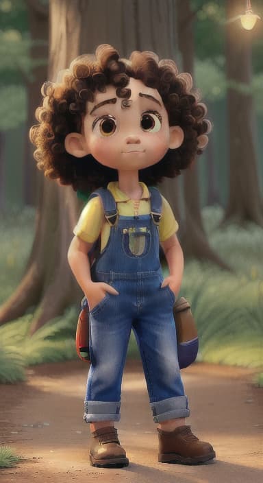  {The tree shining brightly and releasing a gentle, magical light., Riley, a curious with big brown eyes and curly hair, wearing overalls and carrying a small backpack. Their friend, Skye, a bluebird with shiny feathers.