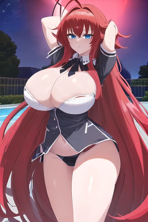  multiple very gigantic hyper melons milky,masterpiece, best quality, 1women, long red hair, looking at viewer, :3, cute, black uniform, outdoors, streets, cowboy shot, curvy, (((blue eyes))), rias gremory, red hair, antenna hair, wavy hair, ((beautiful detailed eyes, beautiful detailed glow, lots of glow)), anime screencap,women at pool, compeion , black , masterpiece, best quality, high quality, solo