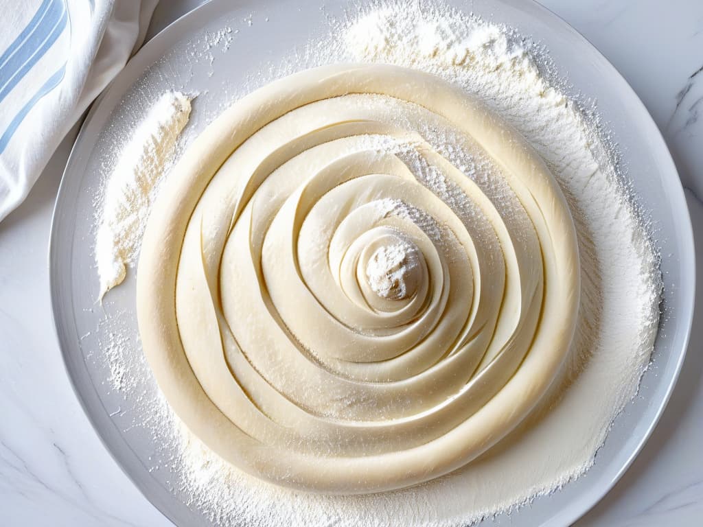  An image of a perfectly kneaded dough, showcasing gluten strands stretching and intertwining elegantly, with a light dusting of flour on a sleek marble countertop. The dough is smooth, elastic, and visibly ready to rise, evoking a sense of artisanal craftsmanship and the transformative power of gluten in baking. The minimalistic composition focuses on the beauty of the dough itself, emphasizing its potential for creating delicious pastries while conveying a sense of precision and expertise in the art of baking. hyperrealistic, full body, detailed clothing, highly detailed, cinematic lighting, stunningly beautiful, intricate, sharp focus, f/1. 8, 85mm, (centered image composition), (professionally color graded), ((bright soft diffused light)), volumetric fog, trending on instagram, trending on tumblr, HDR 4K, 8K