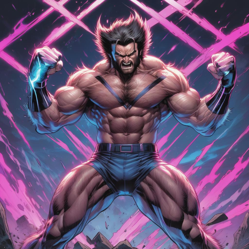  vapor wave art style,  wolverine from x-men fighting with clenched fist, feral, hairy, shirtless, sweating, full body, anatomically correct, super muscular, vascular, hyper realistic, 4k, night time, illustration,  masterpiece, artwork, high detail, fine details