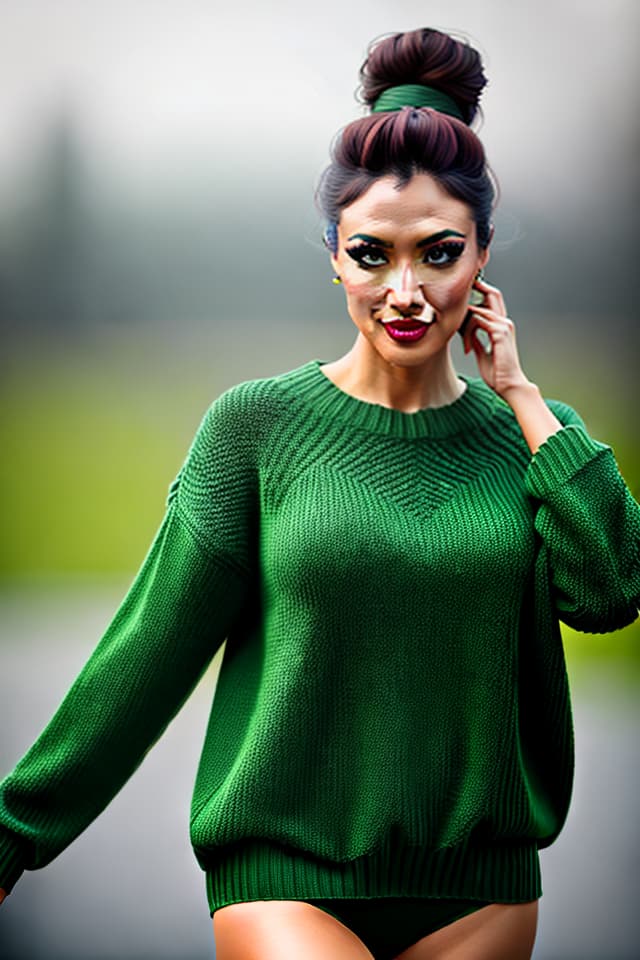  Real, portrait, creative, dancers, bungalows, green sweater, the highest picture quality hyperrealistic, full body, detailed clothing, highly detailed, cinematic lighting, stunningly beautiful, intricate, sharp focus, f/1. 8, 85mm, (centered image composition), (professionally color graded), ((bright soft diffused light)), volumetric fog, trending on instagram, trending on tumblr, HDR 4K, 8K