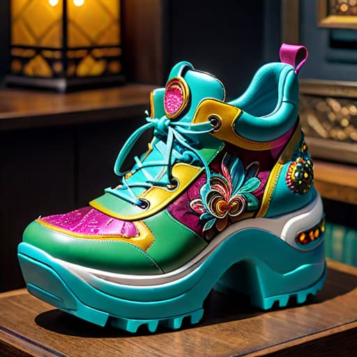  Subject detail: the image depicts a Highly detailed summer shoe with chunky soles, The shoe is covered in soft, luxurious materials. Art style: in the mixed art style of Buffalo London, Irregular Choice, and Osamu Tezuka. Medium: This artwork is highly detailed and photorealistic. hyperrealistic, full body, detailed clothing, highly detailed, cinematic lighting, stunningly beautiful, intricate, sharp focus, f/1. 8, 85mm, (centered image composition), (professionally color graded), ((bright soft diffused light)), volumetric fog, trending on instagram, trending on tumblr, HDR 4K, 8K