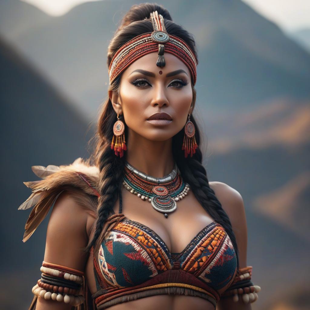  tribal style large bare breast of a woman . indigenous, ethnic, traditional patterns, bold, natural colors, highly detailed hyperrealistic, full body, detailed clothing, highly detailed, cinematic lighting, stunningly beautiful, intricate, sharp focus, f/1. 8, 85mm, (centered image composition), (professionally color graded), ((bright soft diffused light)), volumetric fog, trending on instagram, trending on tumblr, HDR 4K, 8K