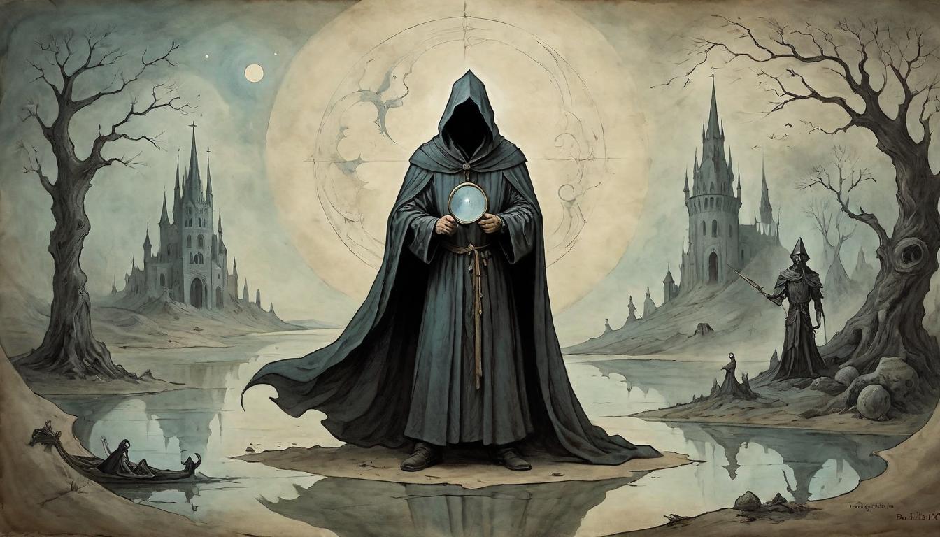  on parchment, surrealism+++, A cloaked figure standing in dim light, holding a mirror reflecting a chaotic scene, a sense of peace surrounding the figure, balance between chaos and calm, reflective, contemplative(mysterious, provocative, symbolic,muted color)+++