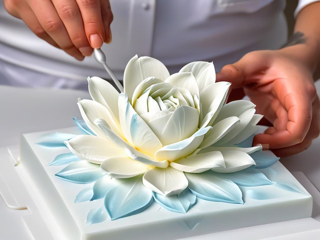  A minimalistic image of a skilled pastry chef delicately sculpting a detailed sugar flower, showcasing intricate craftsmanship and precision in a clean, uncluttered setting. The focus is on the chef's hands as they carefully shape the delicate petals, capturing the essence of artistry and expertise in sugar sculpture. Each subtle movement is frozen in time, highlighting the beauty and skill required to create stunning sugar masterpieces in the world of pastry artistry. hyperrealistic, full body, detailed clothing, highly detailed, cinematic lighting, stunningly beautiful, intricate, sharp focus, f/1. 8, 85mm, (centered image composition), (professionally color graded), ((bright soft diffused light)), volumetric fog, trending on instagram, trending on tumblr, HDR 4K, 8K