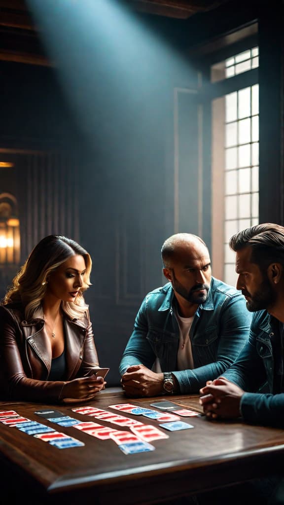  In a dimly lit room, a group of strangers sits around a table, tense and apprehensive. Each of them is holding a set of cards. Their expressions betray a mix of determination and nervousness. hyperrealistic, full body, detailed clothing, highly detailed, cinematic lighting, stunningly beautiful, intricate, sharp focus, f/1. 8, 85mm, (centered image composition), (professionally color graded), ((bright soft diffused light)), volumetric fog, trending on instagram, trending on tumblr, HDR 4K, 8K