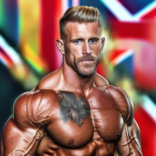 portrait+ style British IFBB queer blonde hunk dilf dude face