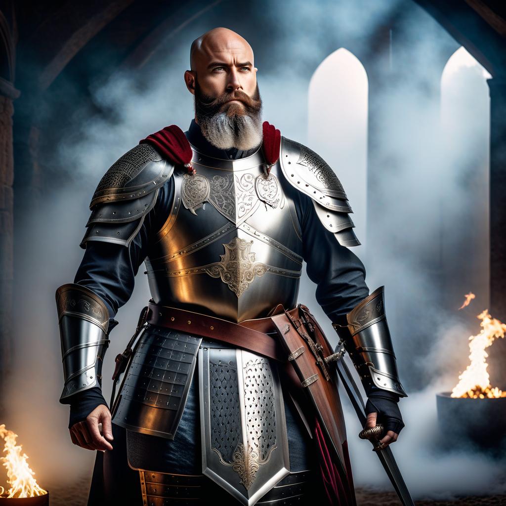  Real estate photography style bald bearded warrior in knight's armor, without a helmet . Professional, inviting, well lit, high resolution, property focused, commercial, highly detailed hyperrealistic, full body, detailed clothing, highly detailed, cinematic lighting, stunningly beautiful, intricate, sharp focus, f/1. 8, 85mm, (centered image composition), (professionally color graded), ((bright soft diffused light)), volumetric fog, trending on instagram, trending on tumblr, HDR 4K, 8K