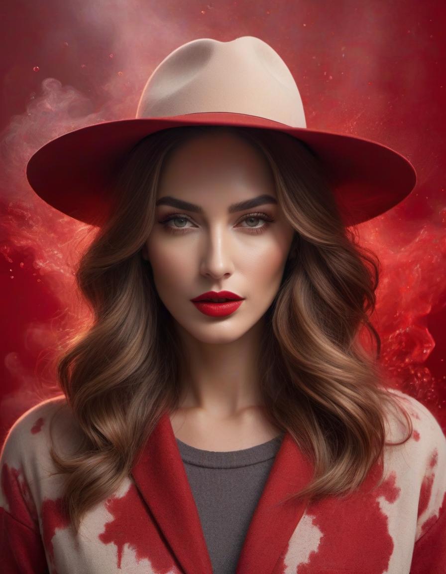  hyperrealistic art A portrait of a woman with wavy hair wearing a hat, with a red splash in the background giving a dramatic effect. . extremely high resolution details, photographic, realism pushed to extreme, fine texture, incredibly lifelike hyperrealistic, full body, detailed clothing, highly detailed, cinematic lighting, stunningly beautiful, intricate, sharp focus, f/1. 8, 85mm, (centered image composition), (professionally color graded), ((bright soft diffused light)), volumetric fog, trending on instagram, trending on tumblr, HDR 4K, 8K