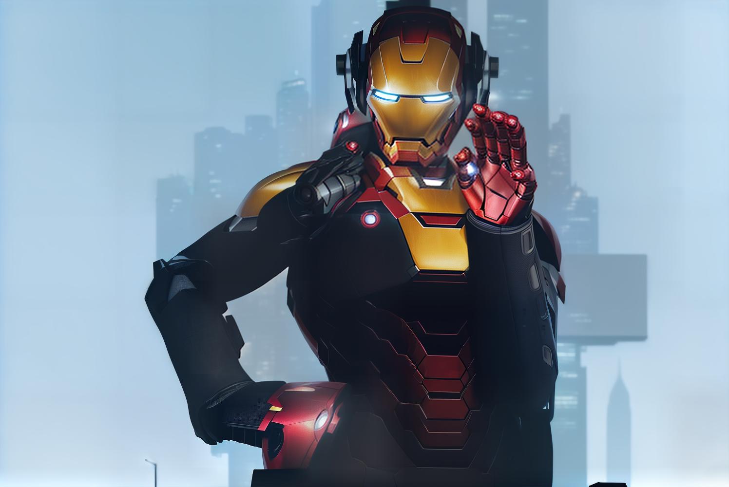  masterpiece, best quality, Best quality, masterpiece, 8k resolution, realistic, highly detailed, close up of Iron Man. In a cyberpunk style night scene of the city, he stands on a street lined with tall buildings. The city's night lights are bright, The surrounding buildings and streets are filled with cyberpunk elements such as neon lights, high tech devices, and futuristic architectural designs.