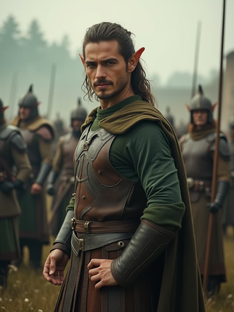  this editorial photography captures an elf prince, posed with his hand on his hip, facing forward. he is dressed in armor inspired by peter jackson's movie style, standing boldly in the middle of a battle scene. the image is enhanced with a bokeh effect, focusing attention on the prince while artistically blurring the chaotic battlefield around him.