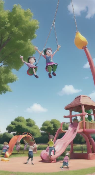  {Children playing in a sunny park with swings and slides., Same group of happy children, now wearing casual play clothes.