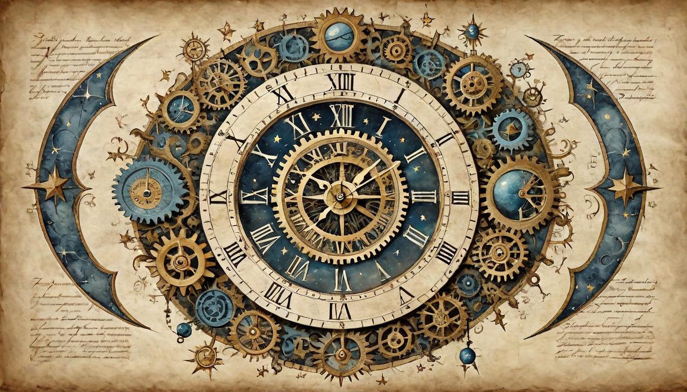  on parchment, surrealism+++, A celestial clock with open eyes in the center, stars moving through the gears, watchful, significant(mysterious, provocative, symbolic,muted color)+++