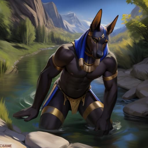  Duo. Anubis getting fucked by sobek near river. By chunie., open eyes, digital art, masterpiece, 4k, fine details,