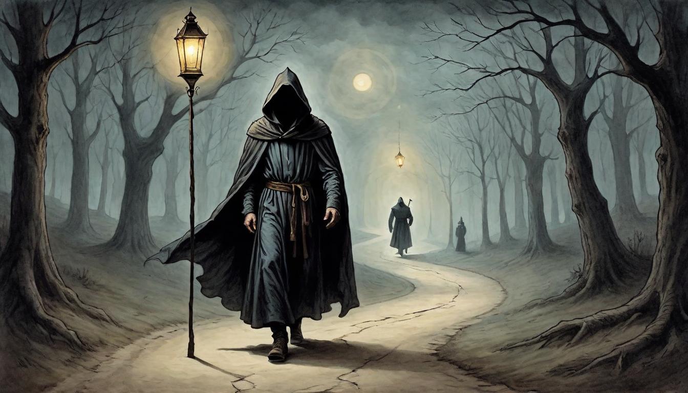  on parchment, surrealism+++, A cloaked figure walks a shadowed path, selectively illuminating only certain darkened areas with a lantern, embodying discernment in choosing where to cast their light. Selective illumination, cloaked journey, shadowed path, profound discernment.(mysterious, provocative, symbolic,muted color)+++