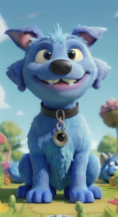  {Max carefully picking up the ball with his teeth without disturbing the flowers, The big blue dog is large with sky blue fur, big round eyes, a black nose, and floppy ears.