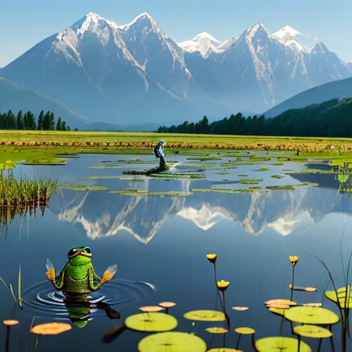  A man who looks like a frog catches flies in a pond. On a sunny day, there are mountains and water in the distance,