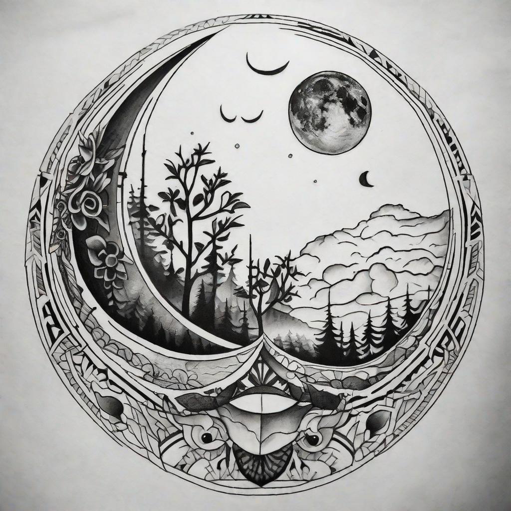  masterpiece, best quality, Black and White tattoo style. Theme: Half moon. For man or gender neutral tattoo. No skin. White background. Some inspiration from the uploaded image.