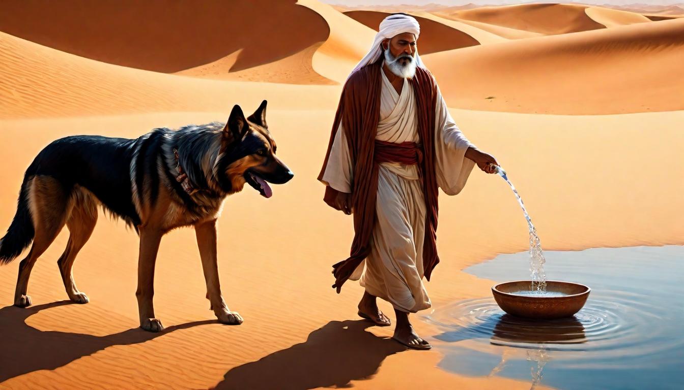  digital painting of The Prophet halting his journey, offering water from a simple bowl to a parched dog, kindness personified, detailed contrast of the desert heat and the cool water, a moment of benevolence looking at viewer, dynamic pose, (intricate details, masterpiece, best quality)