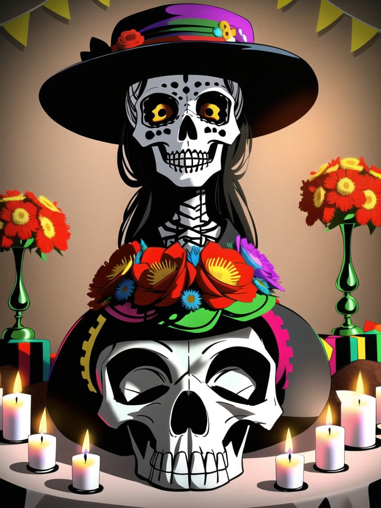  day of the dead, dia de los muertos, (sombrero hat), masterpiece, best quality, skull, (Mexican culture), traditional, celebration, festive, colorful, (Mexican festival paint), flowers, altar, candles, skeleton, spirits, Mexican holiday, vibrant, decorative, papel picado, festive makeup, cultural heritage, folk art, macabre, festive atmosphere