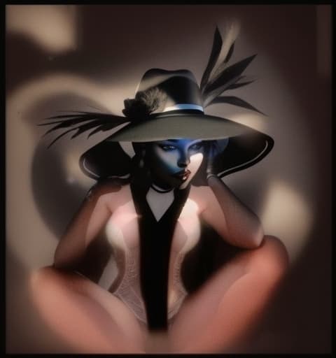  a colorfully presented, 3d picture of A woman in a hat with features who is sitting on the ground, with a black body, and a white face, shadow reflecting, , hyperrealistic, high quality, highly detailed, perfect lighting, intricate, sharp focus, f/1. 8, 85mm, (centered image composition), (professionally color graded), ((bright soft diffused light)), trending on instagram, HDR 4K, 8K