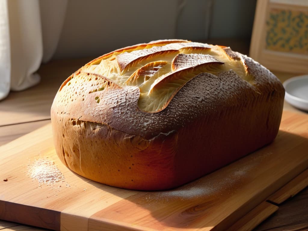  An ultradetailed closeup image of a perfectly goldenbrown sourdough bread loaf, freshly baked and resting on a rustic wooden cutting board. The crust is artfully cracked, showcasing the bread's soft, airy interior with uneven air pockets. Sunlight gently illuminates the textured surface, highlighting the intricate patterns created during the fermentation process. A scattering of flour dust creates a natural, organic backdrop, enhancing the rustic and artisanal feel of the scene. hyperrealistic, full body, detailed clothing, highly detailed, cinematic lighting, stunningly beautiful, intricate, sharp focus, f/1. 8, 85mm, (centered image composition), (professionally color graded), ((bright soft diffused light)), volumetric fog, trending on instagram, trending on tumblr, HDR 4K, 8K