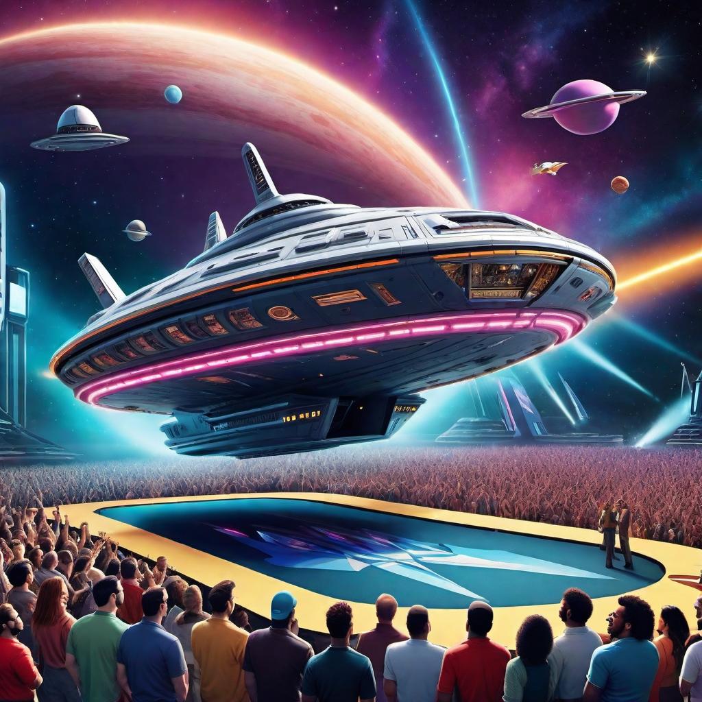  Design a 2D cartoon-style image of a parked spaceship that doubles as a concert stage. The ship is landed in an open space with a crowd gathered around. The side of the ship opens up to reveal a stage where a band of diverse aliens is playing music. The scene is lively, colorful, with lights beaming from the stage. There are banners and posters promoting the interstellar band, and the audience consists of various alien species, some floating with anti-gravity devices, all enjoying the music. hyperrealistic, full body, detailed clothing, highly detailed, cinematic lighting, stunningly beautiful, intricate, sharp focus, f/1. 8, 85mm, (centered image composition), (professionally color graded), ((bright soft diffused light)), volumetric fog, trending on instagram, trending on tumblr, HDR 4K, 8K