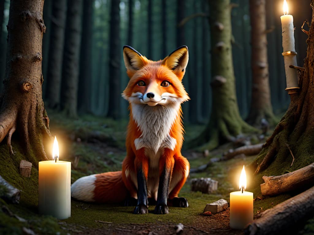  Fox with candle in to the forest, real 3d, ultra HD photorealistic scene