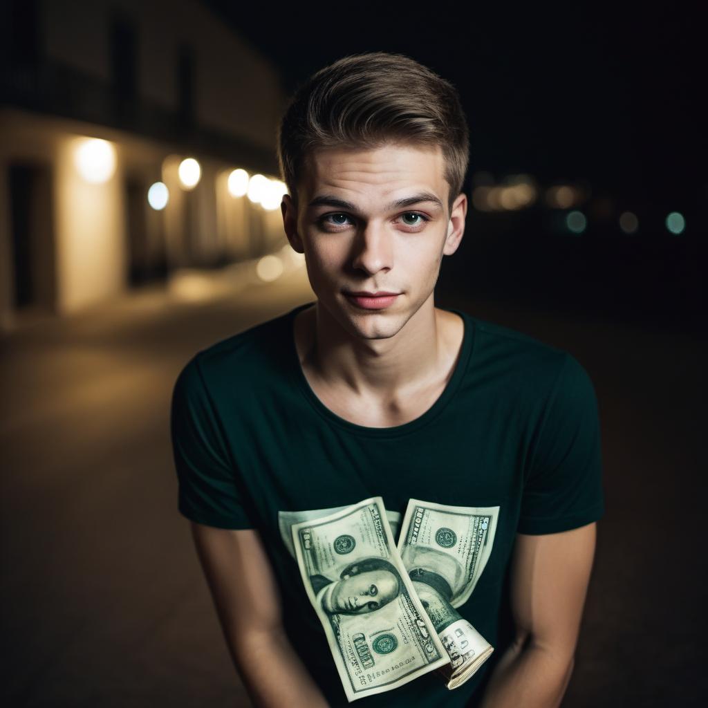  young man in t-short, night, with money