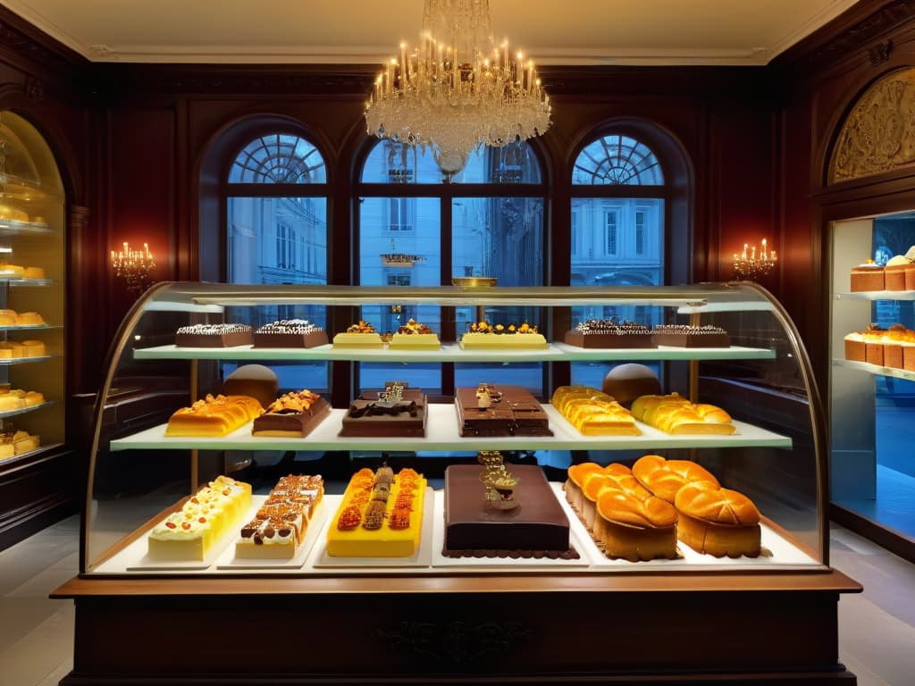  A photorealistic image of a traditional Viennese pastry shop, showcasing a wide array of beautifully decorated cakes and pastries behind a glass display case. The shop is elegantly decorated with ornate chandeliers, dark wood paneling, and vintage furniture. Soft natural light filters in through large windows, casting a warm glow over the delectable treats. Customers, dressed in stylish attire, are seen chatting with the impeccably dressed pastry chefs behind the counter, adding a sense of bustling activity and authenticity to the scene. hyperrealistic, full body, detailed clothing, highly detailed, cinematic lighting, stunningly beautiful, intricate, sharp focus, f/1. 8, 85mm, (centered image composition), (professionally color graded), ((bright soft diffused light)), volumetric fog, trending on instagram, trending on tumblr, HDR 4K, 8K