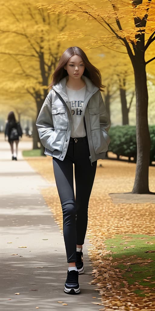  girl-walks through the park, wearing pants, a jacket, autumn. I'm stalking her