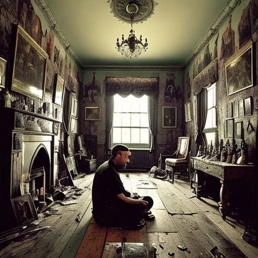  A old cluttered victorian Manor. walls are covered from to to bottom with paintings of creepy monsters. tons of art on the wall. alchohol bottles on the ground. a sitting man on the ground smoking