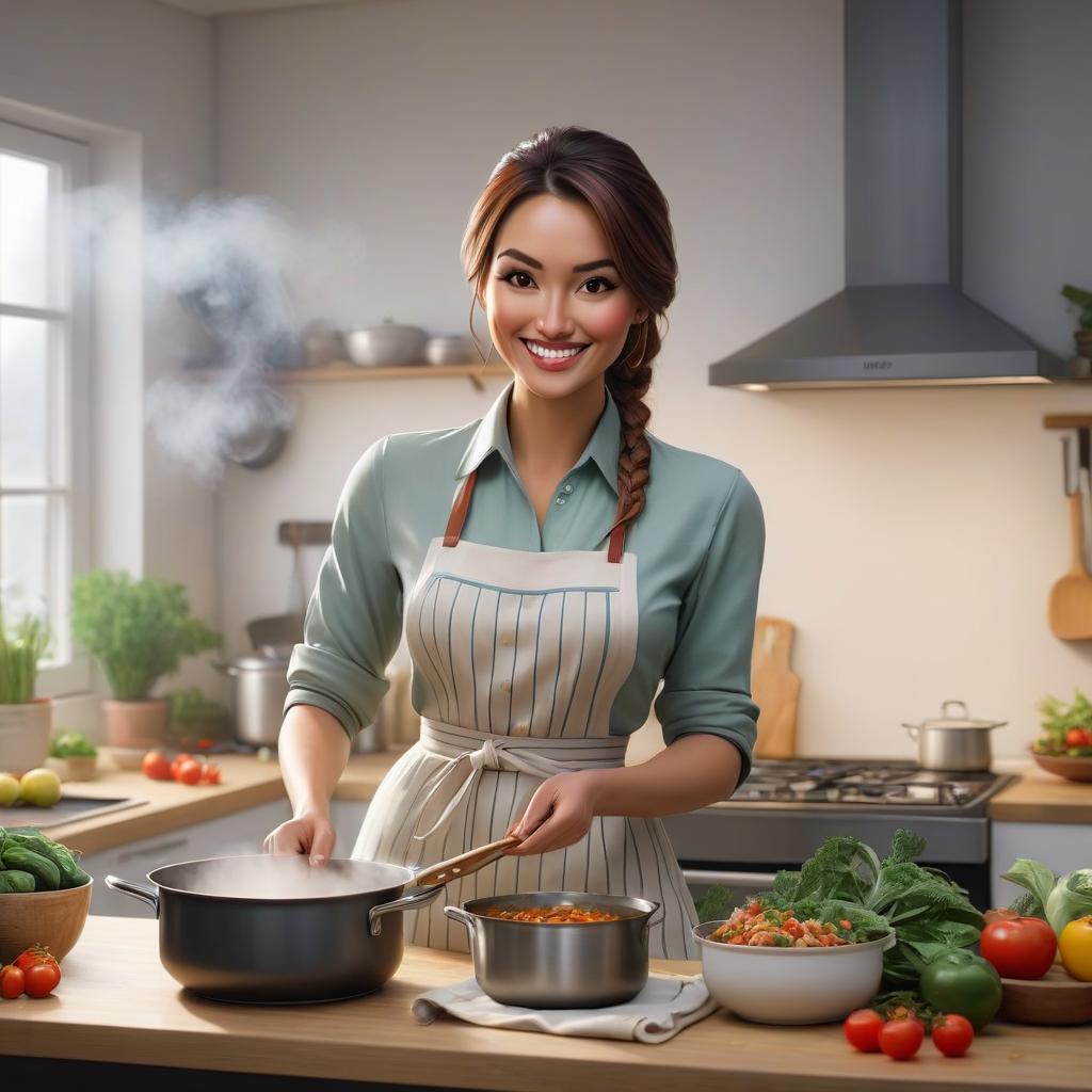  The girl is preparing food in the kitchen, holding a pot, smiling, with a white background. hyperrealistic, full body, detailed clothing, highly detailed, cinematic lighting, stunningly beautiful, intricate, sharp focus, f/1. 8, 85mm, (centered image composition), (professionally color graded), ((bright soft diffused light)), volumetric fog, trending on instagram, trending on tumblr, HDR 4K, 8K