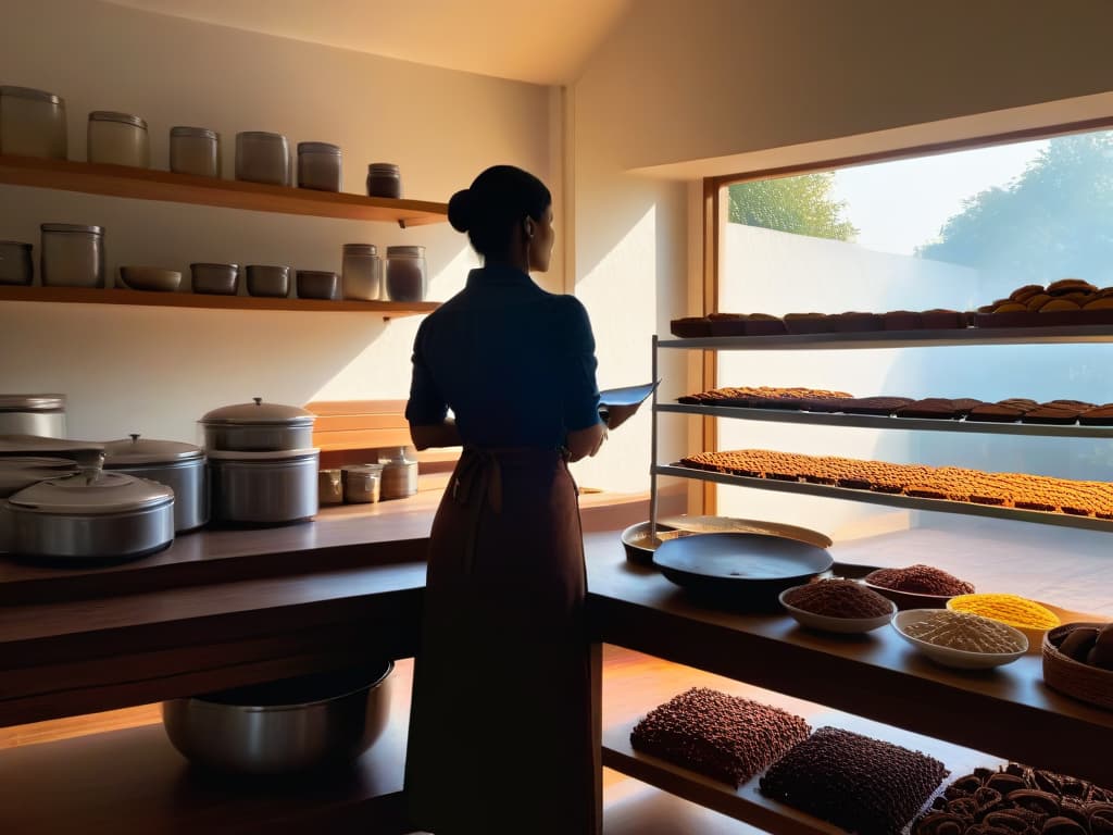  An ultradetailed image of a silhouette of a person baking in a sunlit kitchen, surrounded by shelves of ethically sourced ingredients like cocoa, sugar, and vanilla. The warm glow of the sun highlights the intricate details of the baking tools and the texture of the wooden countertops, creating a serene and inviting atmosphere that conveys the essence of Fair Trade in the realm of pastry. hyperrealistic, full body, detailed clothing, highly detailed, cinematic lighting, stunningly beautiful, intricate, sharp focus, f/1. 8, 85mm, (centered image composition), (professionally color graded), ((bright soft diffused light)), volumetric fog, trending on instagram, trending on tumblr, HDR 4K, 8K