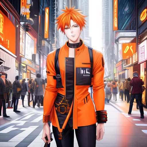  orange haired boy in the city dressed in orange and orange headphones hyperrealistic, full body, detailed clothing, highly detailed, cinematic lighting, stunningly beautiful, intricate, sharp focus, f/1. 8, 85mm, (centered image composition), (professionally color graded), ((bright soft diffused light)), volumetric fog, trending on instagram, trending on tumblr, HDR 4K, 8K